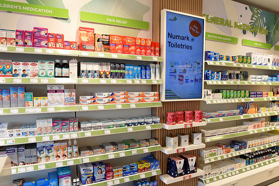 Pharmacy with products on shelves